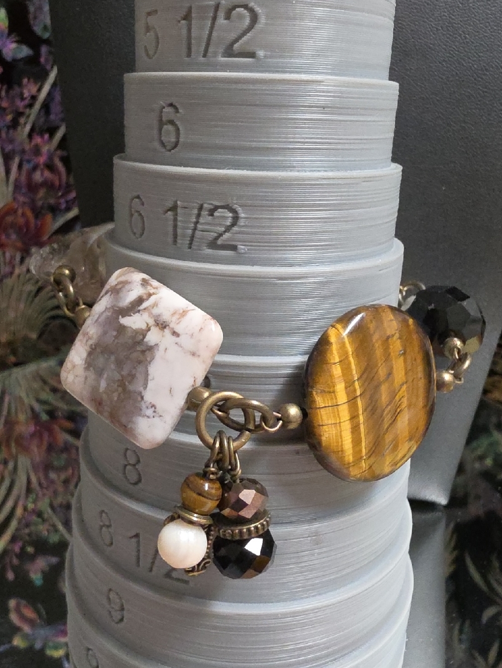 Boho Tigers Eye- Wildhorse Jasper -Howlite -Smoky Quartz w Cross Charm Bracelet